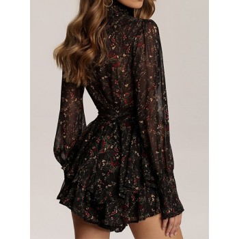 Spring Vintage Perspective Floral Print Dress Women Casual Long Sleeve Chiffon A Line Dress