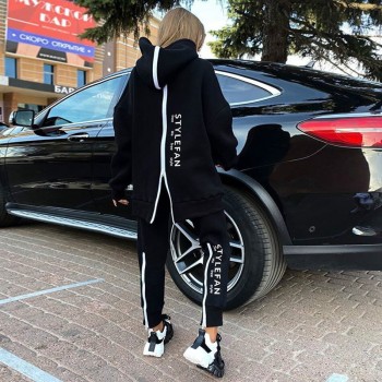 New Women's Loose Letters Sports Set Casual Zipper Long Sleeve Hooded Collar Sweater & Pants Two-piece Set