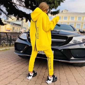 New Women's Loose Letters Sports Set Casual Zipper Long Sleeve Hooded Collar Sweater & Pants Two-piece Set