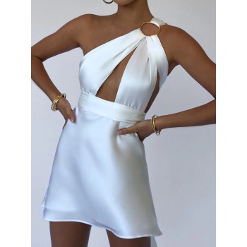 Hollow Out Bandage Women Dress White Asymmetrical High Waist Mini Dress 