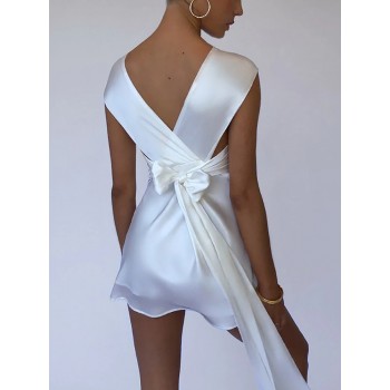 Hollow Out Bandage Women Dress White Asymmetrical High Waist Mini Dress 
