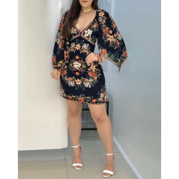  Sexy Deep V Floral Print Long Sleeve Mini Dress Summer Fashion Bodycon Short Dress