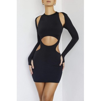 Women's Black Hollow Out Mini Dress for Spring Parties
