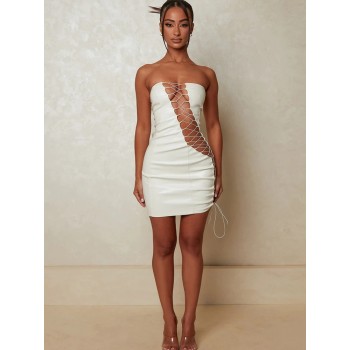 Strapless Sleeveless Backless Bodycon Party Short Dress Pu Leather