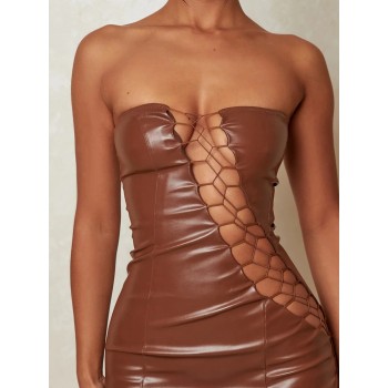 Strapless Sleeveless Backless Bodycon Party Short Dress Pu Leather