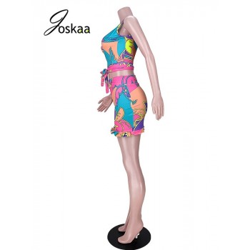 Print Bandage Crop Top And Mini Skirt Two Piece Set Women Streetwear Fashion