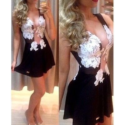 Alluring Plunging Neck Sleeveless Spliced See-Through Dress For Women black