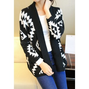 Color Block Long Sleeves Acrylic Retro Style Cardigan For Women black white