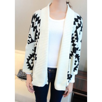 Color Block Long Sleeves Acrylic Retro Style Cardigan For Women black white