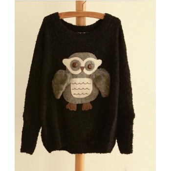 Fashionable Scoop Neck Night Owl Pattern Batwing Sleeve Women's Sweater gray black
