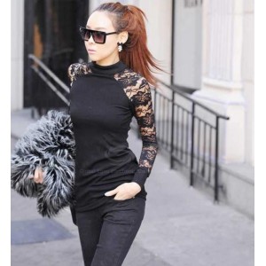 Fitted Turtle Neck Lace Backless Long Sleeve Black T-Shirt For Women