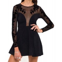 Jewel Neck Long Sleeves Solid Color Embroidered Stylish Dress For Women black