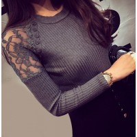Jewel Neck Long Sleeves Solid Color Lace Splicing Stylish Sweater For Women GRAY RED BLACK