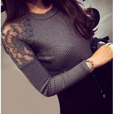 Jewel Neck Long Sleeves Solid Color Lace Splicing Stylish Sweater For Women GRAY RED BLACK