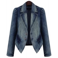 Lapel Collar Long Sleeves Buttons Stylish Denim Jacket For Women blue