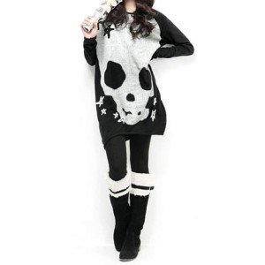 Loose-Fitting Skull And Star Print Color Block Slimming Cotton Blend Long T-Shirt For Women black jacinth