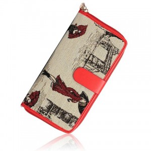 Retro Women's Wallet With Zipper and Drawing Design red blue