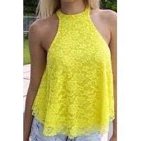 Sexy Halter Sleeveless Solid Color Hollow Out Lace Tank Top For Women yellow