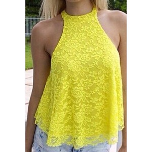 Sexy Halter Sleeveless Solid Color Hollow Out Lace Tank Top For Women yellow