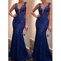Sexy Lace Plunging Neck Sleeveless Backless Dress For Women blue