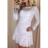 Sexy Round Collar Long Sleeve Spliced Solid Color See-Through Dress For Women white