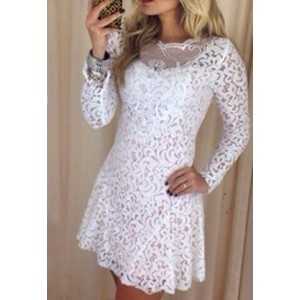 Sexy Round Collar Long Sleeve Spliced Solid Color See-Through Dress For Women white