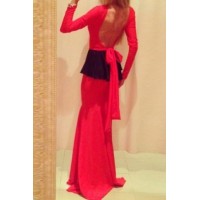 Sexy Round Neck Long Sleeve Backless Flounced Lace-Up Dress For Women red