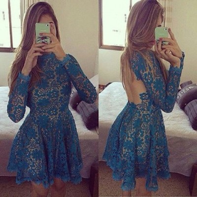 Sexy Round Neck Long Sleeve Backless Lace Dress For Women blue