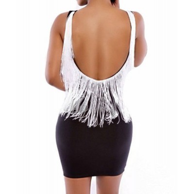 Sexy Round Neck Sleeveless Tassels Embellished Backless Dress For Women black