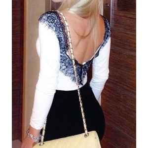 Sexy V-Neck Long Sleeve Backless Lace Embellished T-Shirt For Women white