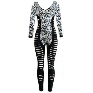 Sexy V-Neck Long Sleeve Spliced Hollow Out Leopard Print Jumpsuit For Women black