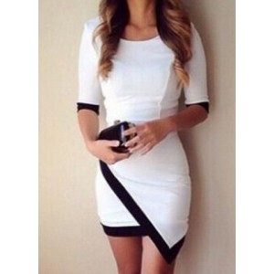 Simple Scoop Neck 1/2 Sleeve Color Block Bodycon Dress For Women white