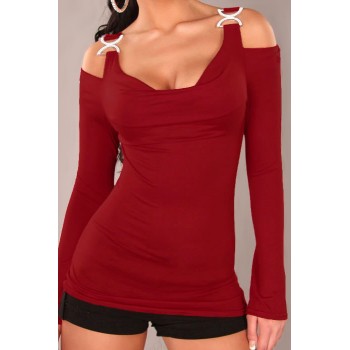 Solid Color Cut Out Polyester Sexy Style Long Sleeves T-Shirt For Women black red white