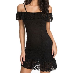 Spaghetti Straps Solid Color Flounce Stylish Lace Dress For Women black