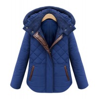 Stand Collar Long Sleeves PU Leather Splicing Zippered Stylish Hooded Coat For Women blue black