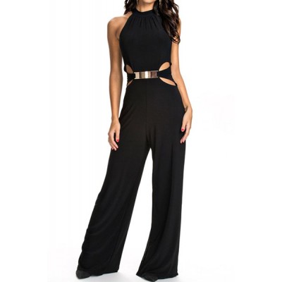 Stylish Halter Sleeveless Hollow Out Solid Color Jumpsuit For Women black