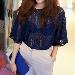 Stylish Round Neck 1/2 Sleeve Solid Color See-Through Blouse For Women blue black white