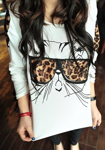 Stylish Scoop Neck Long Sleeve Leopard Glass Cat Pattern T-Shirt For ...