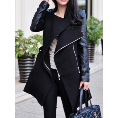Stylish Stand-Up Collar Long Sleeve Zippered Spliced Coat For Women black gray khaki