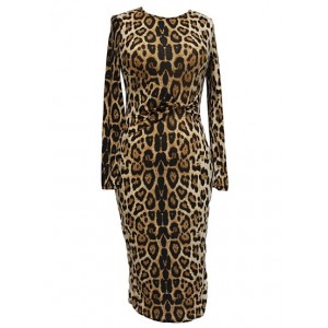 Stylish Women's Round Neck Long Sleeve Leopard Print Dress