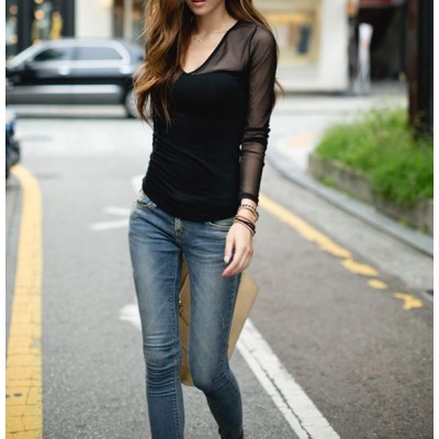 Voile Splicing V-Neck Long Sleeve Casual T-Shirt For Women black
