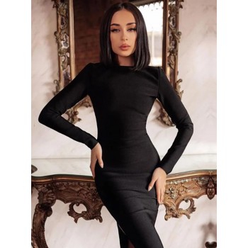 Winter Long Sleeve Green Black Runway Bandage Dress Women Sexy Hollow Out Backless 