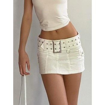 Belted Low Waist Micro Skirts 2000s Fashion Sexy Pockets White Denim Skirt Cute Bottoms