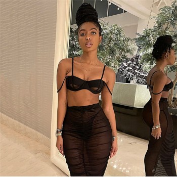 Sheer Mesh Two Piece Set Dresses for Women 2022 Camisole Crop Top Pleated Maxi Skirt Night Club