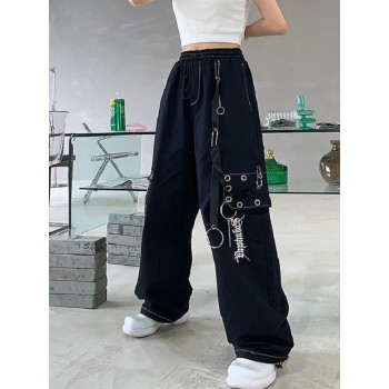 Gothic Harajuku Black Cargo Pants Women Chain Wide Leg Goth Hippie Streetwear White Trousers Loose Female Baggy 
