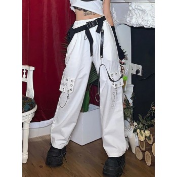 Gothic Harajuku Black Cargo Pants Women Chain Wide Leg Goth Hippie Streetwear White Trousers Loose Female Baggy 