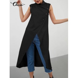 Asymmetrical Blouses 2022 Summer Sexy Sleeveless Tops Casual Split Long Shirts Buttons Loose 