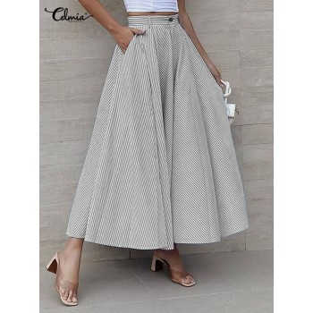 Long Skirts 2022 Striped Party Maxi Skirt Celmia Fashion Loose Casual Skirt Summer High Waist A-line Office