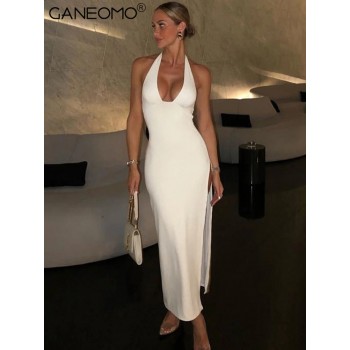 White Halter Backless Bodycon Slit Prom Maxi Dress for Women