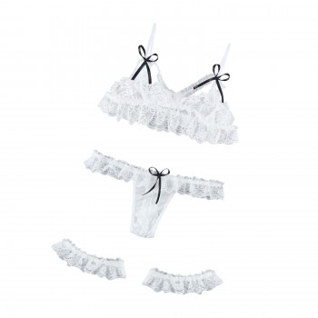  Lingerie Women Fashion White Suspender Backless See-through Lace Underwear Panties Erotic Sex Costume Two-piece Exotic Set